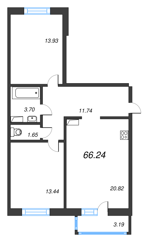 3-комнатная (Евро) квартира, 66.24 м² - планировка, фото №1