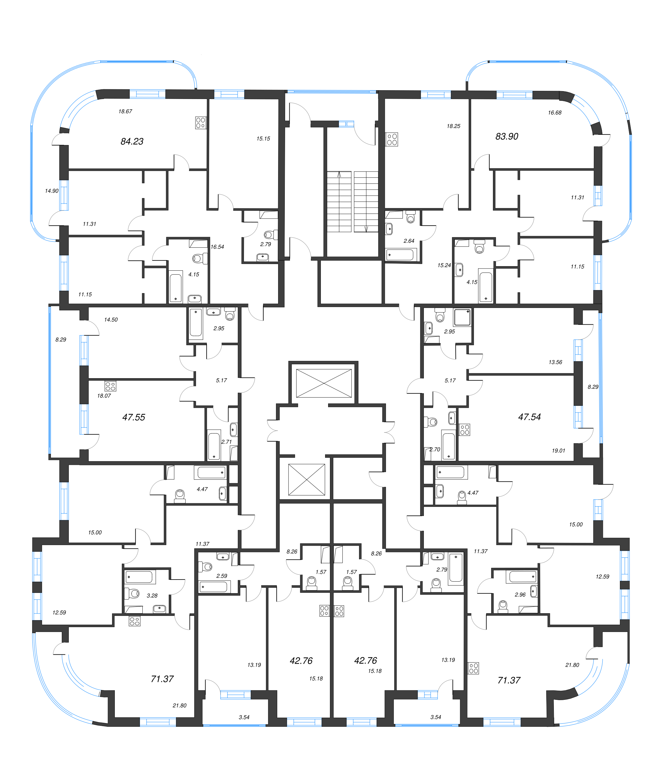 2-комнатная (Евро) квартира, 42.76 м² - планировка этажа