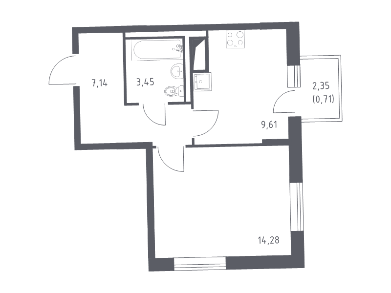 2-комнатная (Евро) квартира, 35.19 м² - планировка, фото №1