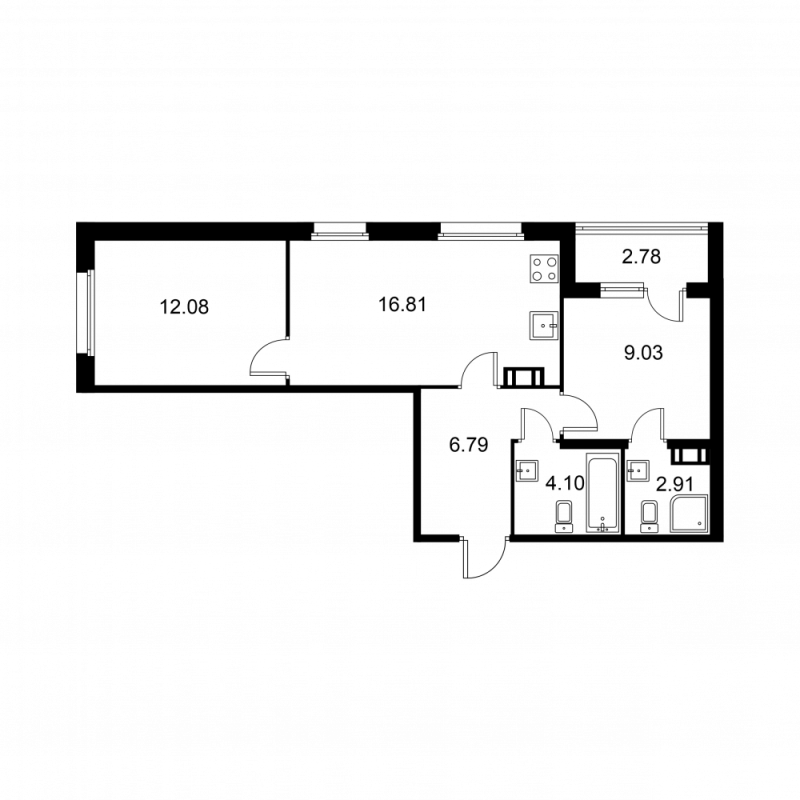 3-комнатная (Евро) квартира, 53.11 м² - планировка, фото №1