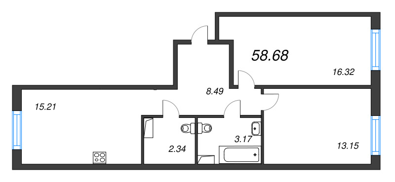 3-комнатная (Евро) квартира, 58.68 м² в ЖК "Окла" - планировка, фото №1