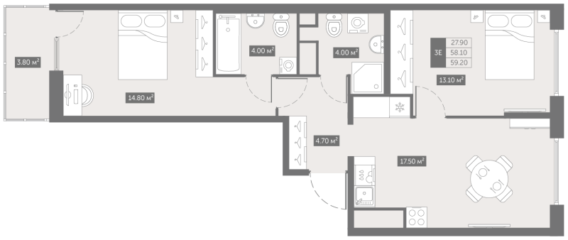 3-комнатная (Евро) квартира, 59.2 м² в ЖК "Квартал «Новый Московский»" - планировка, фото №1