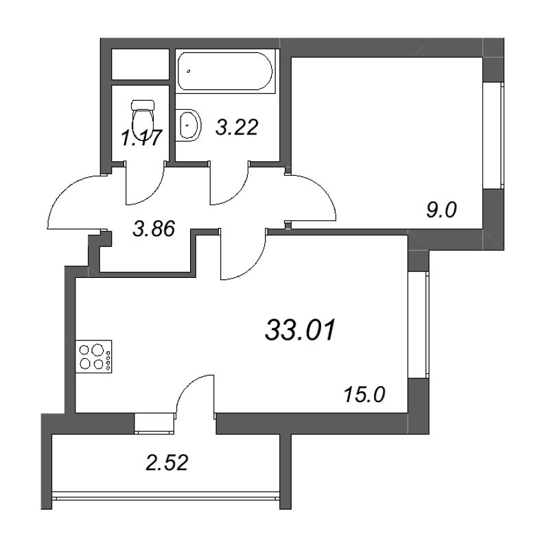 2-комнатная (Евро) квартира, 33.01 м² - планировка, фото №1