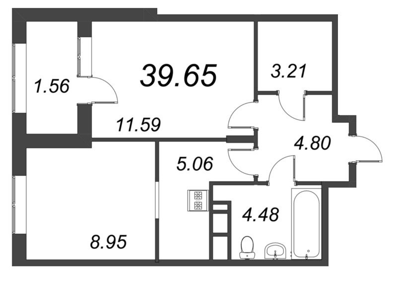 2-комнатная (Евро) квартира, 39.65 м² в ЖК "VEREN NORT сертолово" - планировка, фото №1