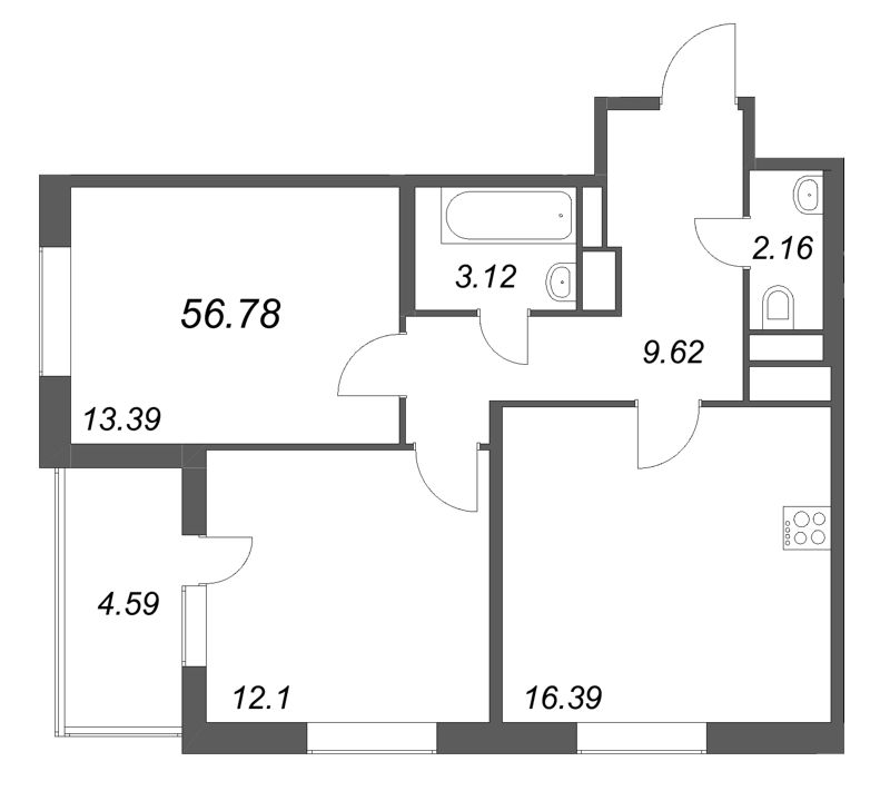 3-комнатная (Евро) квартира, 56.78 м² в ЖК "ЮгТаун" - планировка, фото №1