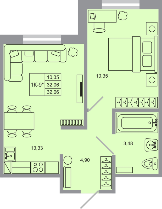 1-комнатная квартира, 32.06 м² - планировка, фото №1