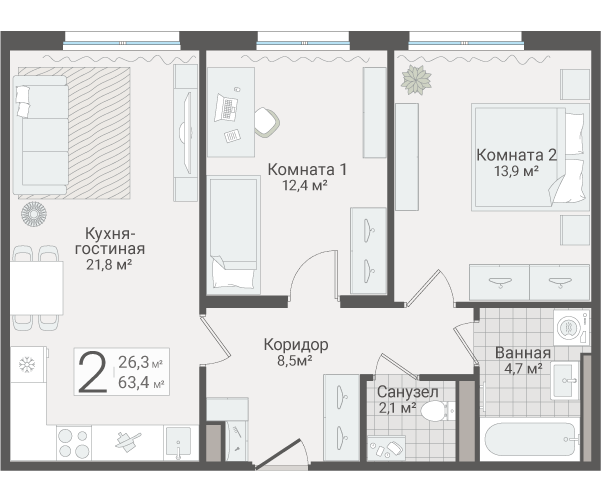 3-комнатная (Евро) квартира, 63.4 м² в ЖК "Руднева 15" - планировка, фото №1