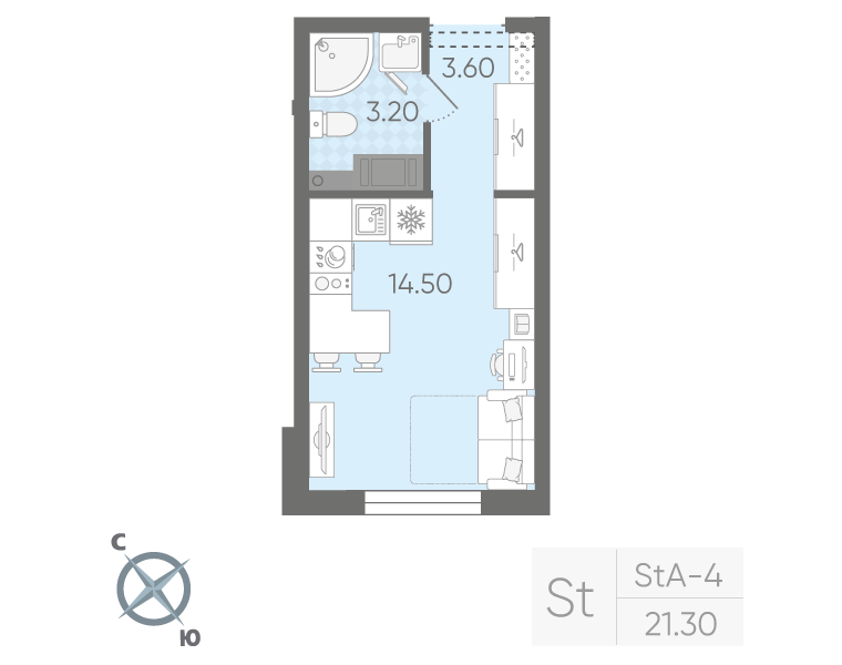 Квартира-студия, 21.3 м² в ЖК "Ручьи" - планировка, фото №1