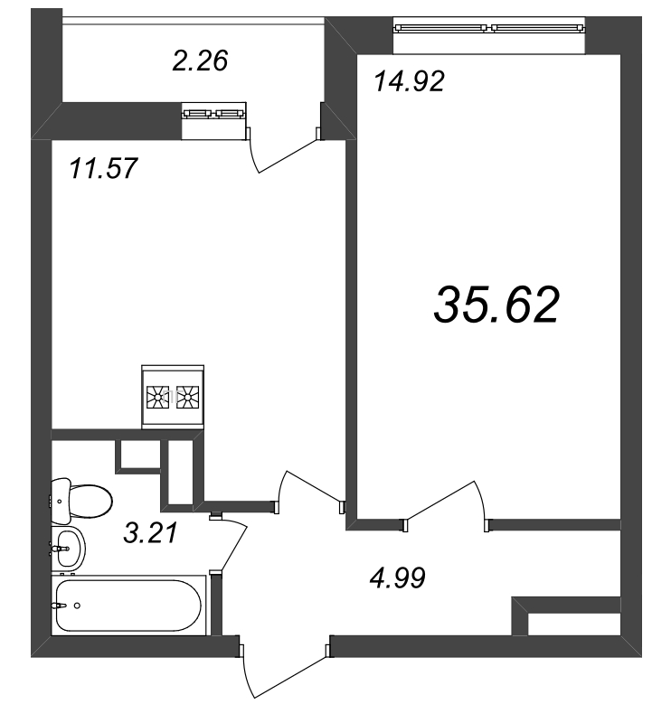 1-комнатная квартира, 35.82 м² - планировка, фото №1