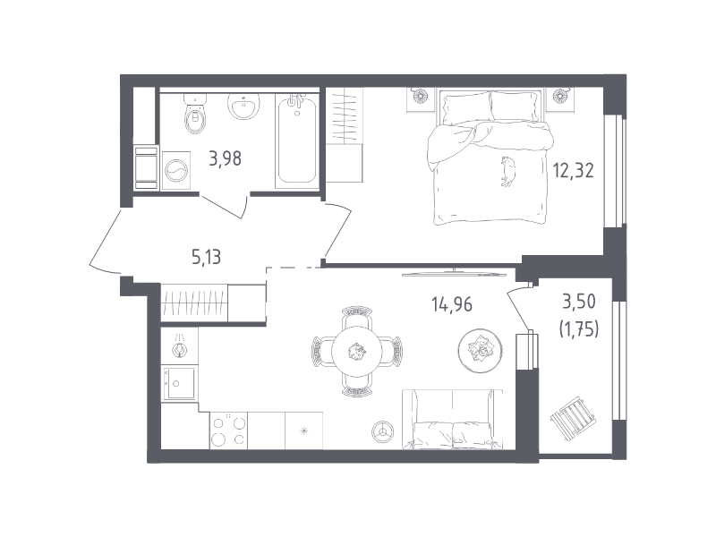 1-комнатная квартира, 38.14 м² в ЖК "Южная Нева" - планировка, фото №1