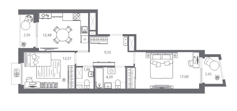 2-комнатная квартира, 60.05 м² - планировка, фото №1