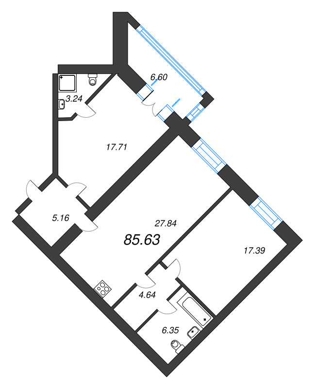 2-комнатная квартира, 85.9 м² - планировка, фото №1