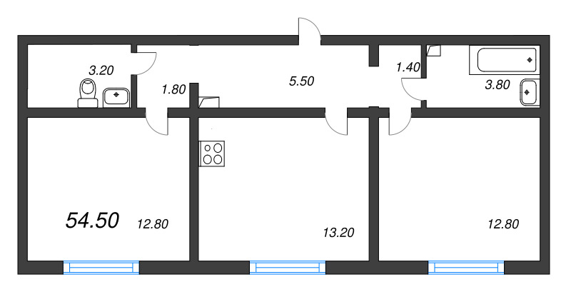 2-комнатная квартира, 54.5 м² в ЖК "Цветной город" - планировка, фото №1