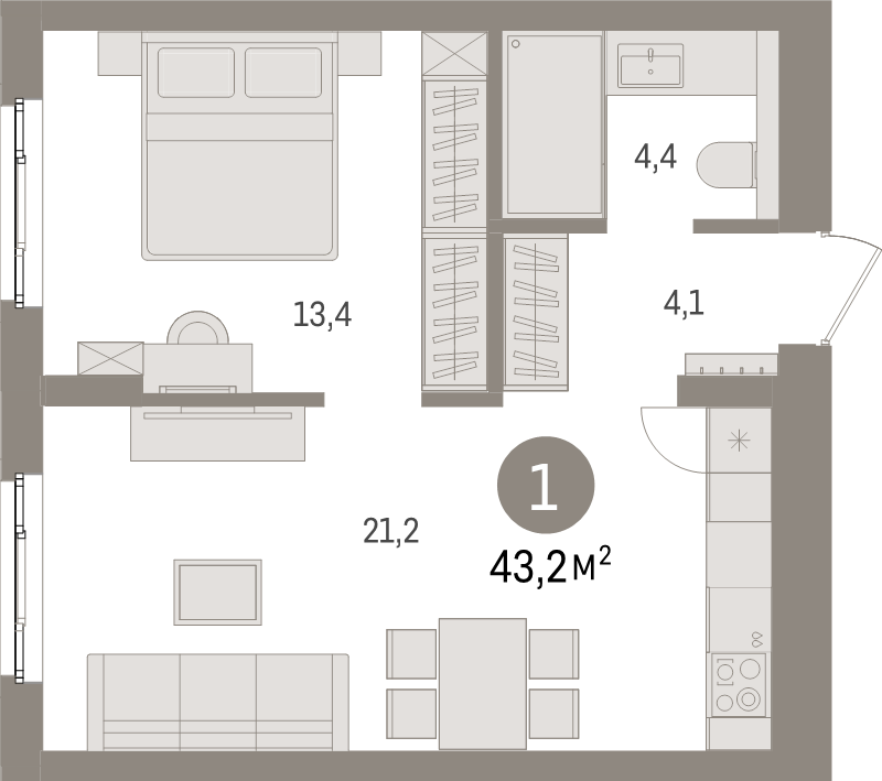 2-комнатная (Евро) квартира, 43.2 м² в ЖК "Брусника в Новоселье" - планировка, фото №1