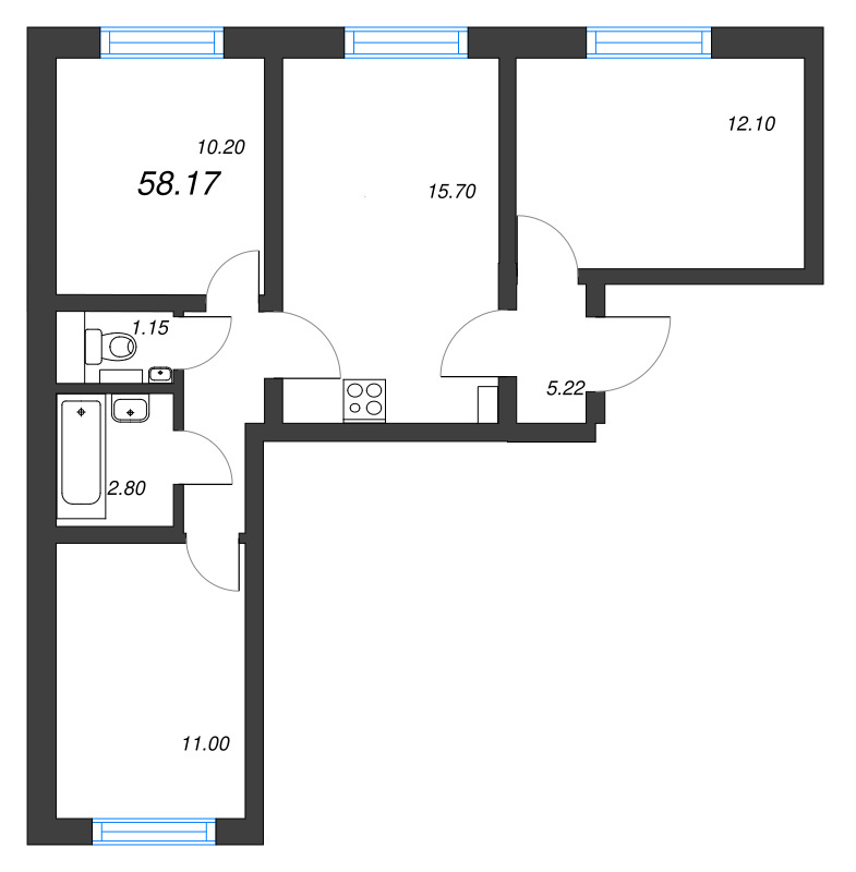 4-комнатная (Евро) квартира, 58.17 м² в ЖК "Ручьи" - планировка, фото №1
