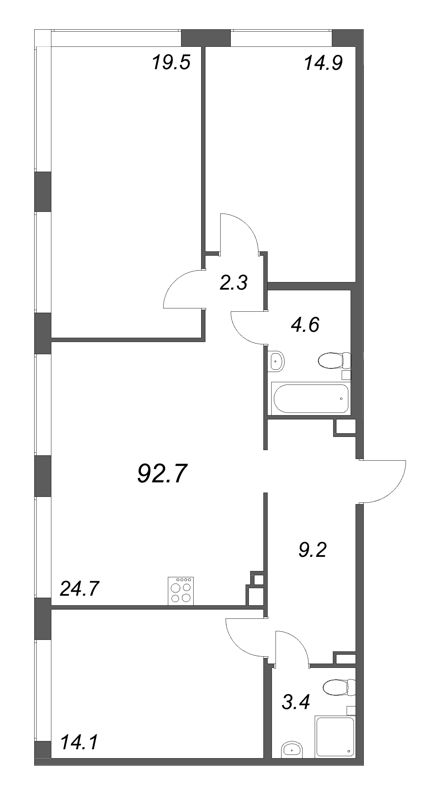 4-комнатная (Евро) квартира, 92.7 м² в ЖК "Кронунг ЮГ" - планировка, фото №1