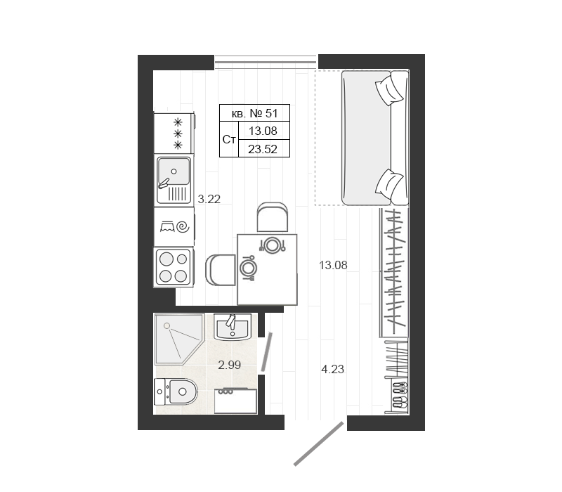 Квартира-студия, 23.6 м² - планировка, фото №1