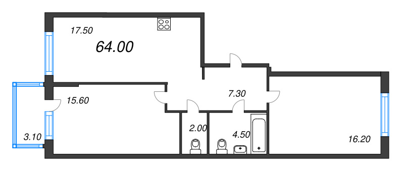 3-комнатная (Евро) квартира, 64 м² в ЖК "Ягодное Река Парк" - планировка, фото №1