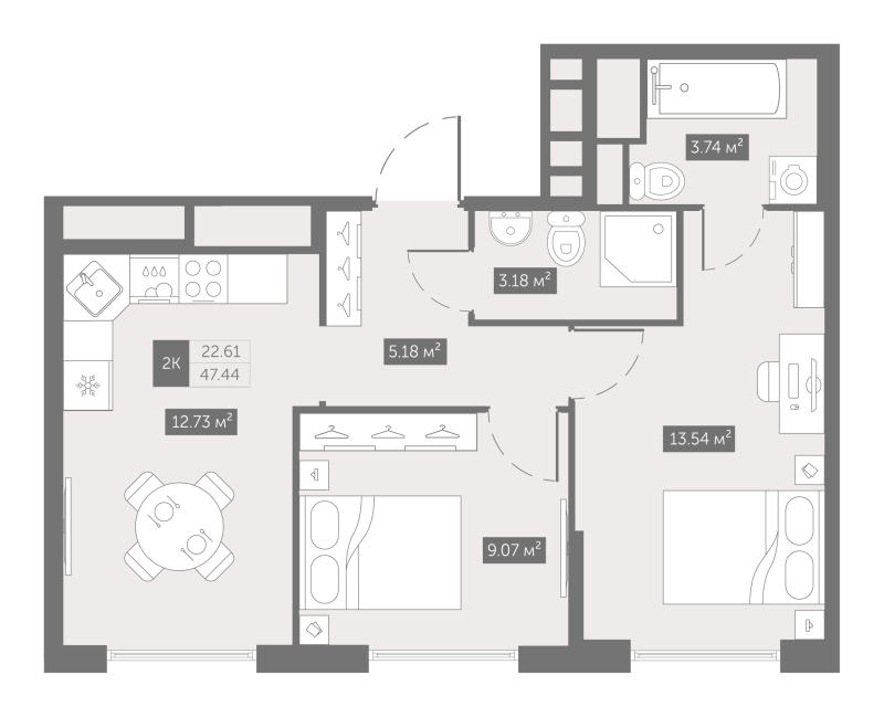 2-комнатная квартира, 47.44 м² в ЖК "UP-квартал Новый Московский" - планировка, фото №1