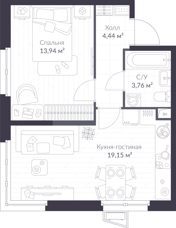 2-комнатная (Евро) квартира, 41.29 м² - планировка, фото №1