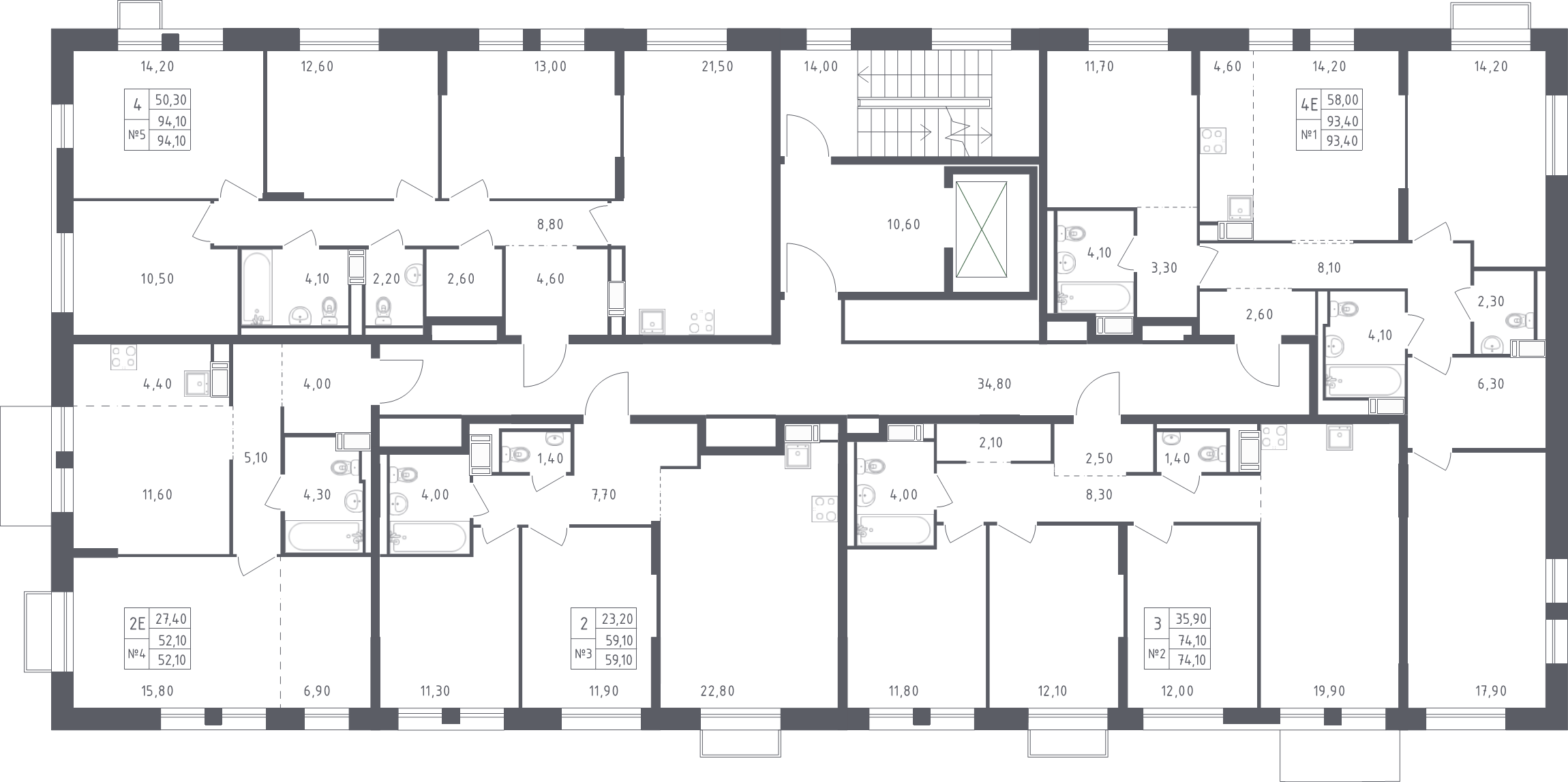4-комнатная (Евро) квартира, 93.4 м² в ЖК "Курортный Квартал" - планировка этажа