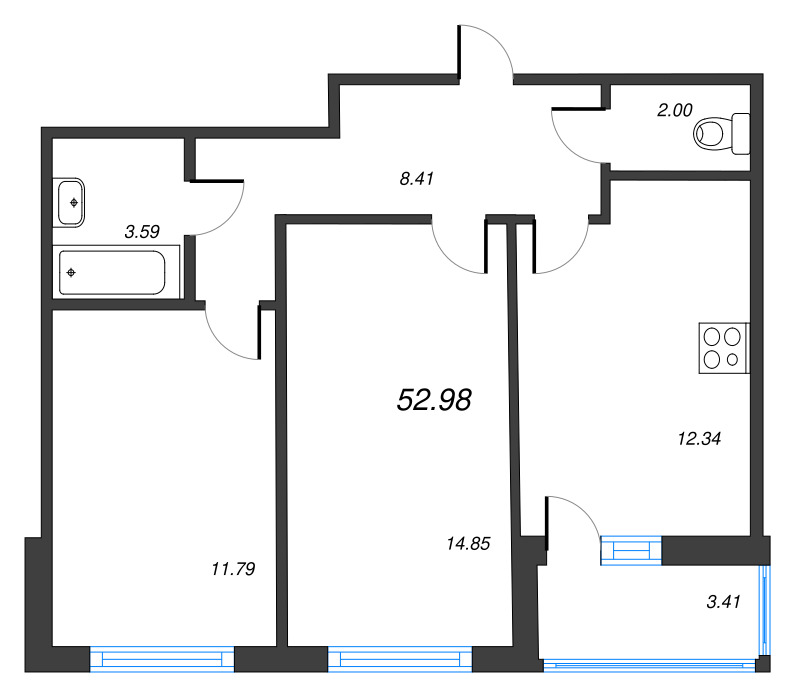 2-комнатная квартира, 52.98 м² в ЖК "Полис ЛАВрики" - планировка, фото №1