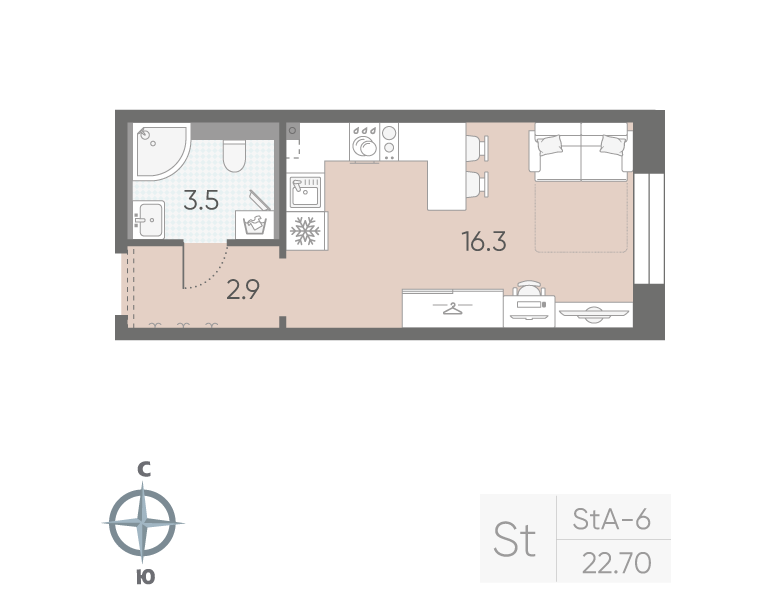 Квартира-студия, 22.7 м² в ЖК "Большая Охта" - планировка, фото №1