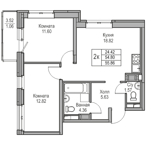 3-комнатная (Евро) квартира, 55.86 м² в ЖК "Юнтолово" - планировка, фото №1