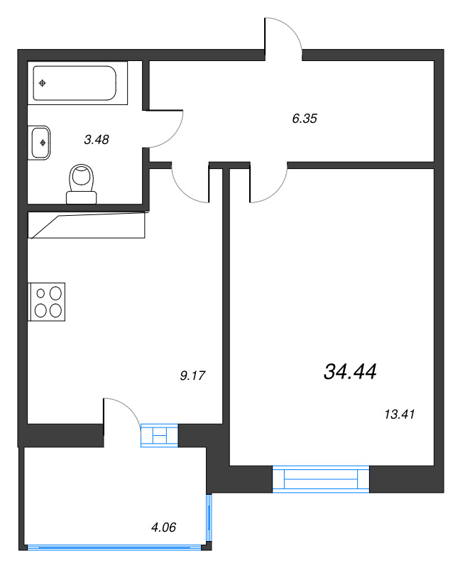 1-комнатная квартира, 34.44 м² в ЖК "Аквилон Stories" - планировка, фото №1