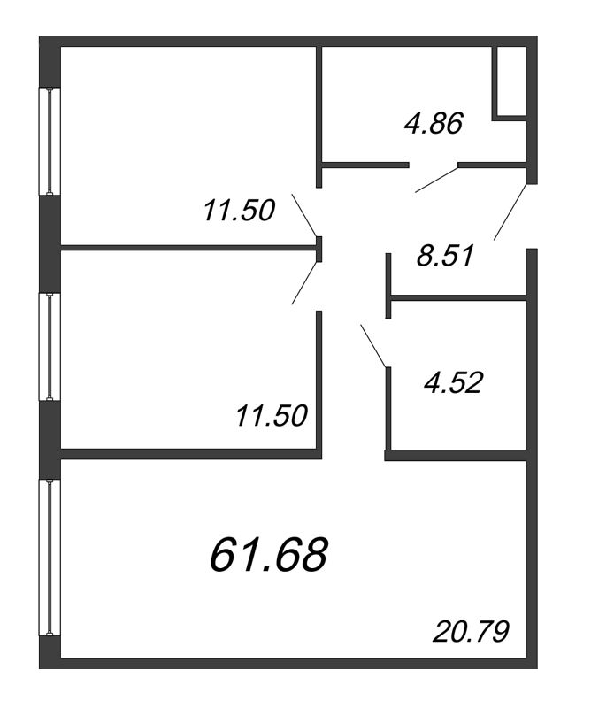 3-комнатная (Евро) квартира, 61.68 м² - планировка, фото №1