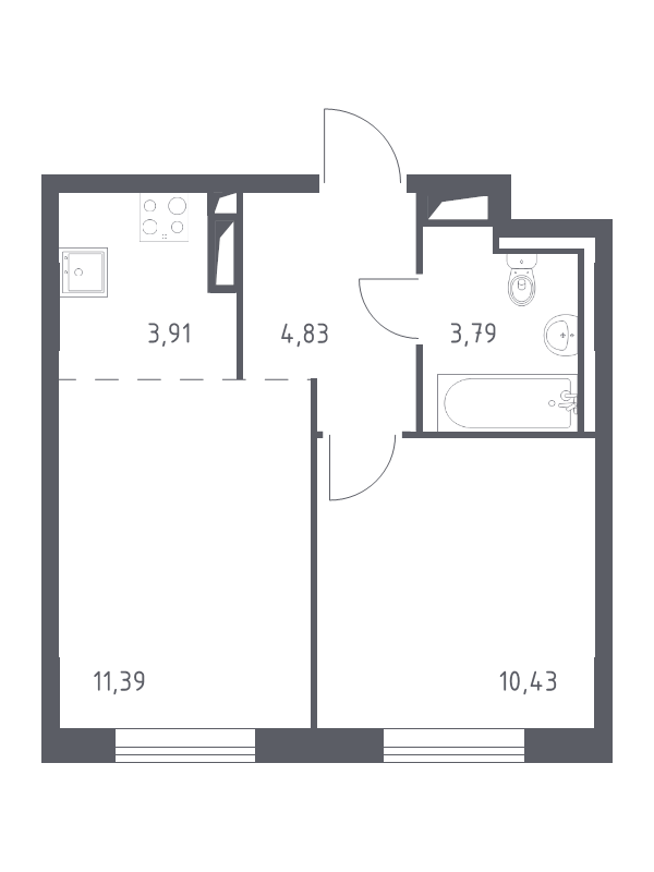 2-комнатная (Евро) квартира, 34.35 м² в ЖК "Квартал Лаголово" - планировка, фото №1