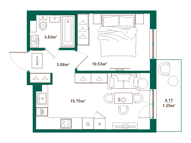 2-комнатная (Евро) квартира, 34.44 м² в ЖК "ЛесArt" - планировка, фото №1