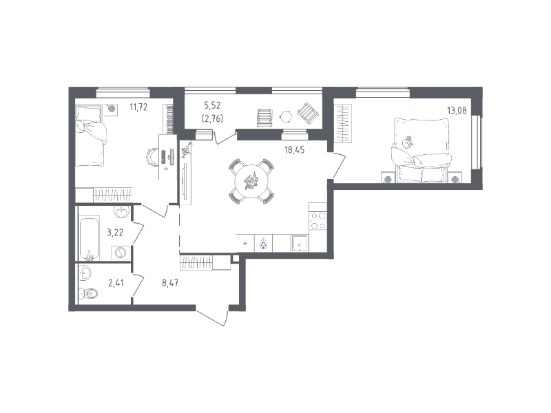 3-комнатная (Евро) квартира, 60.11 м² - планировка, фото №1