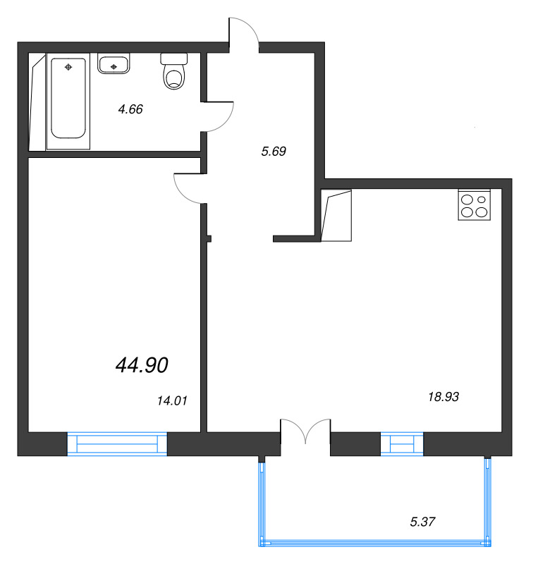 2-комнатная (Евро) квартира, 44.9 м² в ЖК "Арт Парк" - планировка, фото №1