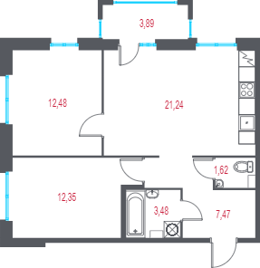 3-комнатная (Евро) квартира, 59.81 м² в ЖК "Город-спутник Южный" - планировка, фото №1