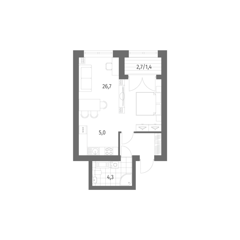 1-комнатная квартира, 42.03 м² - планировка, фото №1