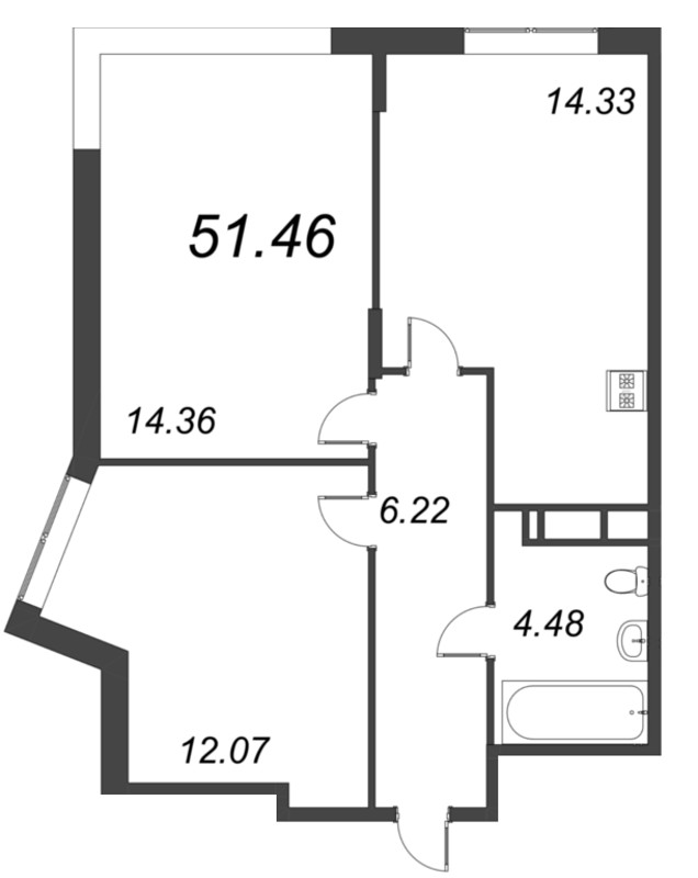 2-комнатная квартира, 51.46 м² - планировка, фото №1