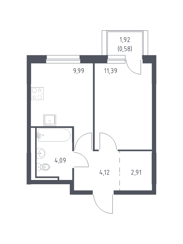 1-комнатная квартира, 33.08 м² в ЖК "Невская Долина" - планировка, фото №1