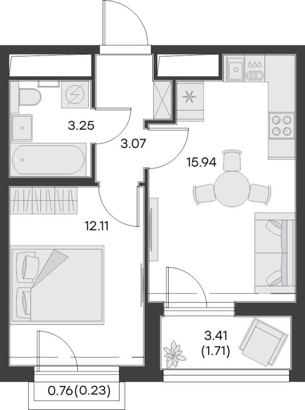 1-комнатная квартира, 36.31 м² в ЖК "GloraX Заневский" - планировка, фото №1