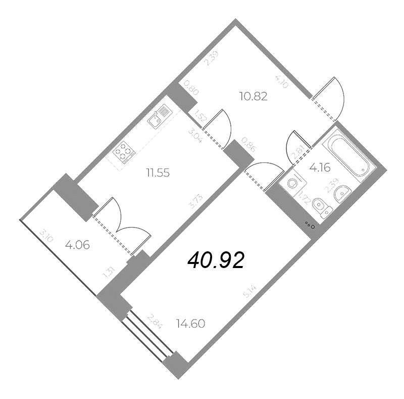 1-комнатная квартира, 42.95 м² - планировка, фото №1