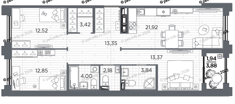 4-комнатная (Евро) квартира, 89.39 м² в ЖК "Ассамблея" - планировка, фото №1