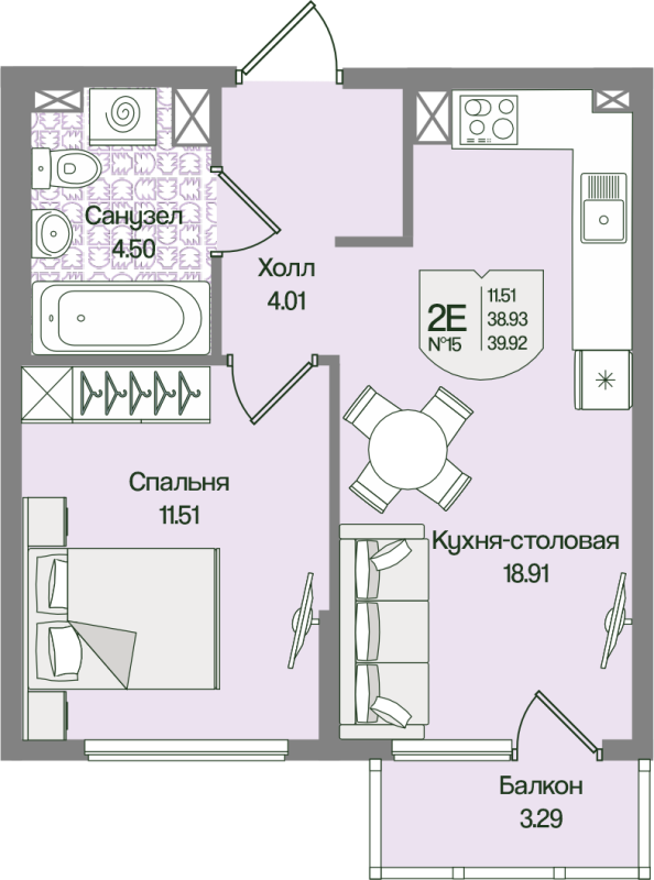 2-комнатная (Евро) квартира, 39.92 м² в ЖК "Охтинские высоты" - планировка, фото №1