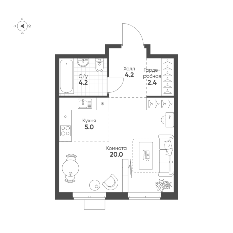 Квартира-студия, 35.8 м² в ЖК "Ягодное Река Парк" - планировка, фото №1