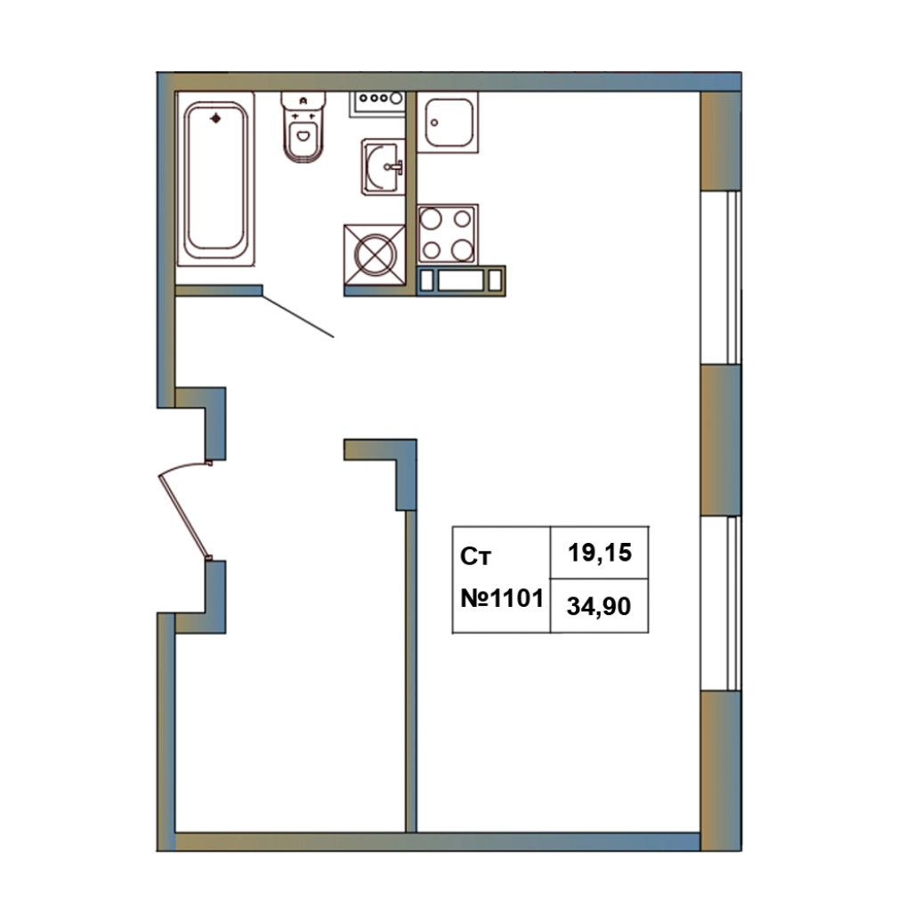 Квартира-студия, 34.9 м² в ЖК "Атмосфера Выборга" - планировка, фото №1