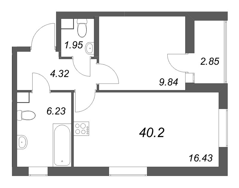 2-комнатная (Евро) квартира, 40.2 м² в ЖК "Кинопарк" - планировка, фото №1