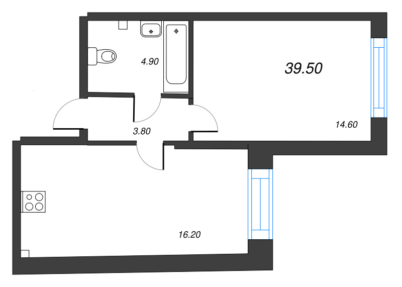 2-комнатная (Евро) квартира, 39.5 м² - планировка, фото №1