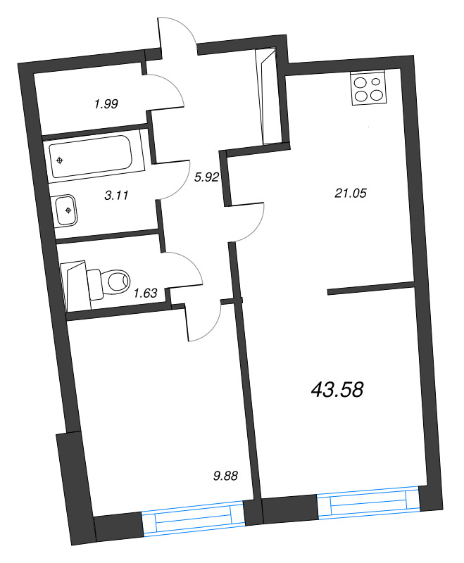 2-комнатная (Евро) квартира, 43.58 м² в ЖК "Аквилон Riva" - планировка, фото №1