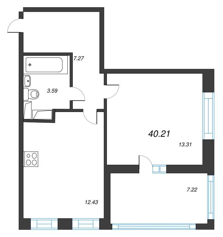 1-комнатная квартира, 40.21 м² - планировка, фото №1