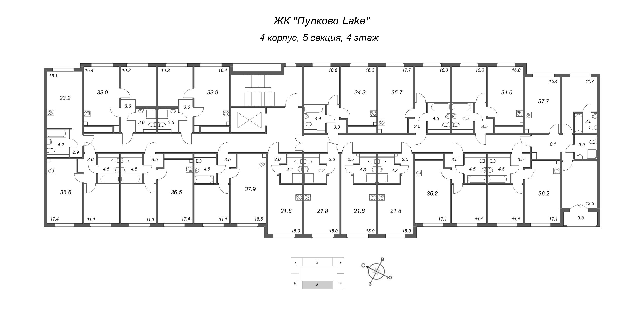 3-комнатная (Евро) квартира, 57.7 м² в ЖК "Пулково Lake" - планировка этажа