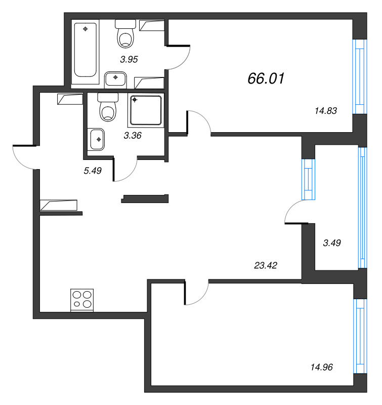 3-комнатная (Евро) квартира, 66.01 м² в ЖК "Чёрная речка" - планировка, фото №1
